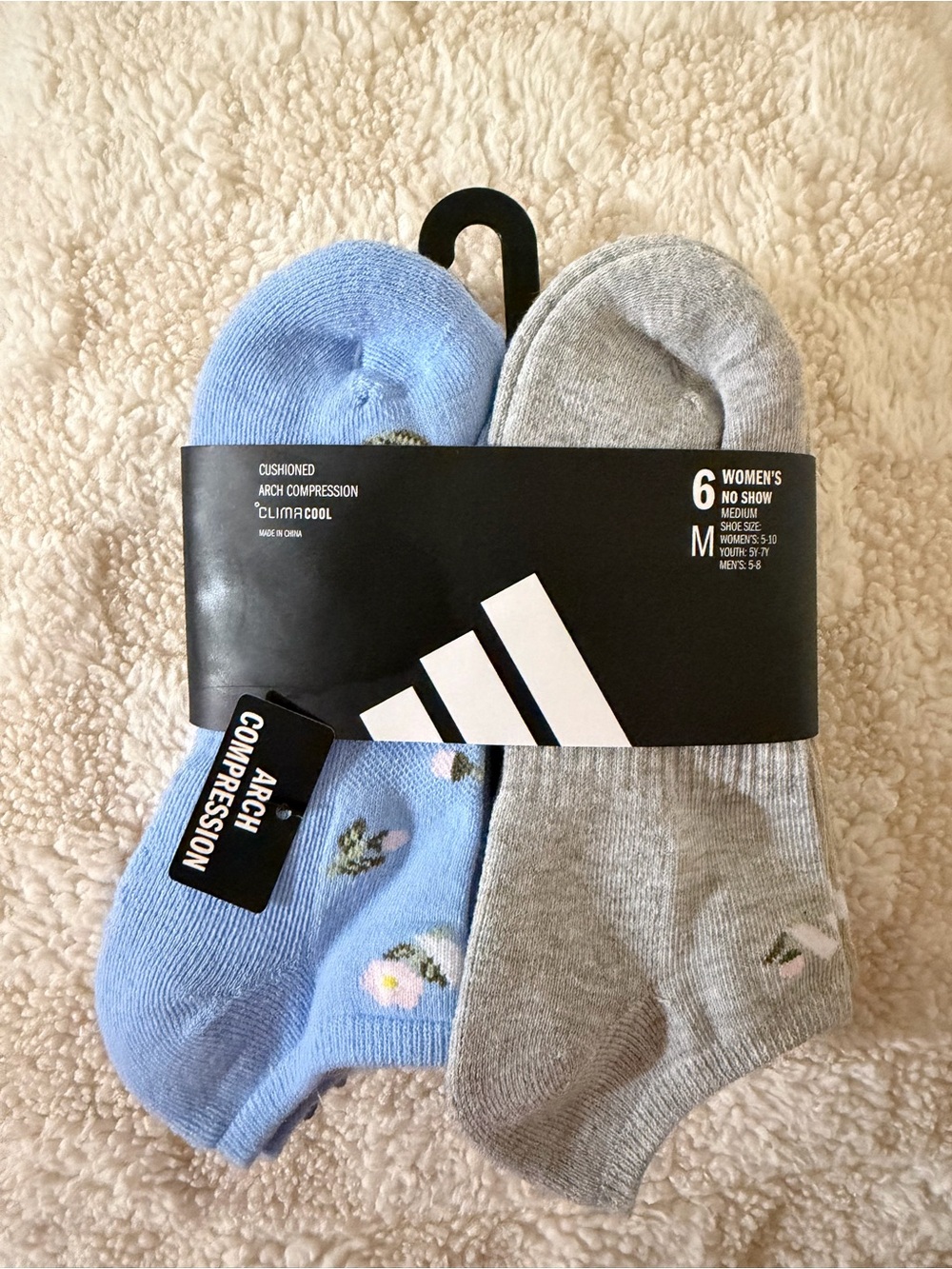 adidas Women's No-Show Socks - Light Blue & Gray with Floral Accent